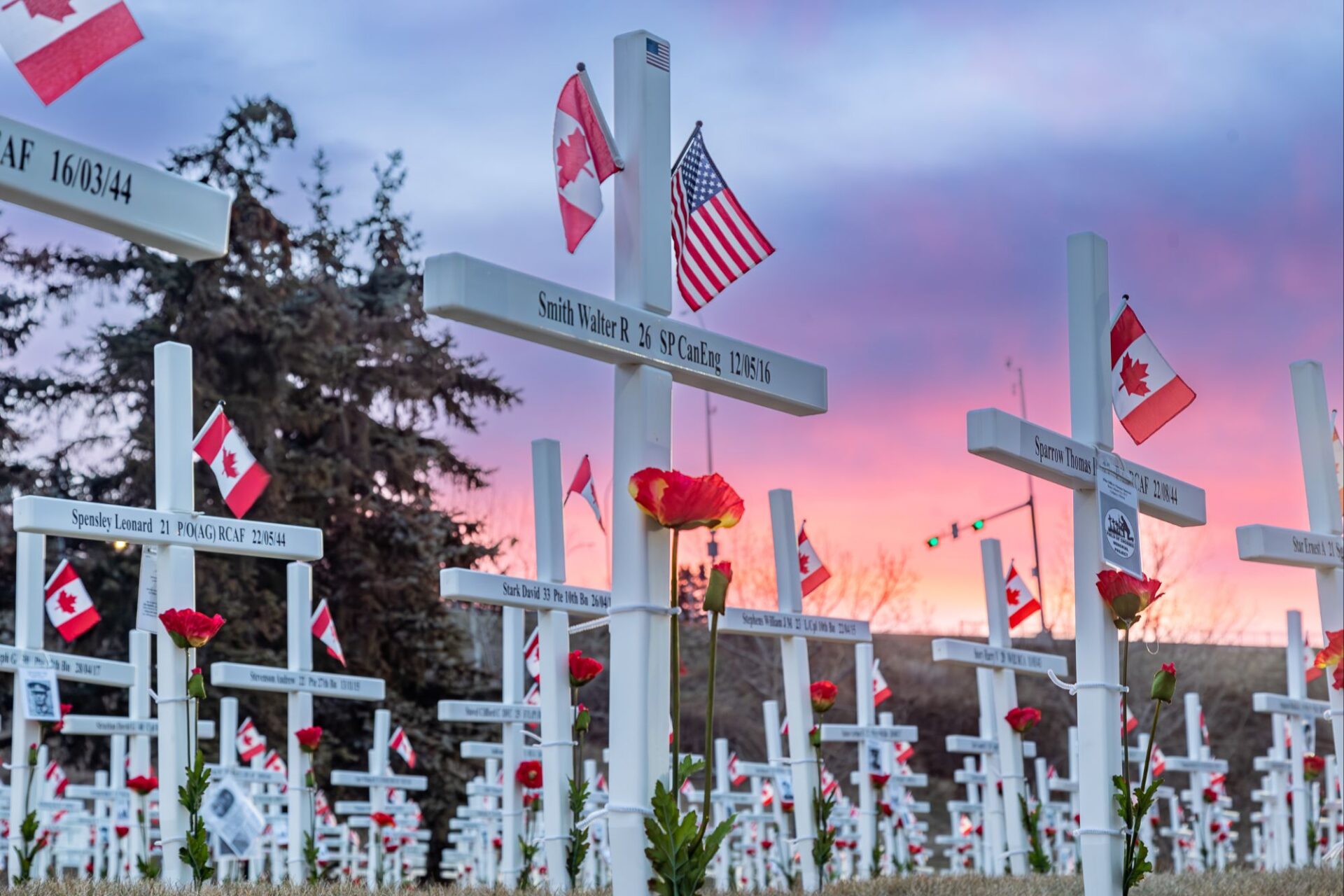 | PR In Canada Rows of white crosses with Canadian and American flags at a memorial cemetery during sunset.